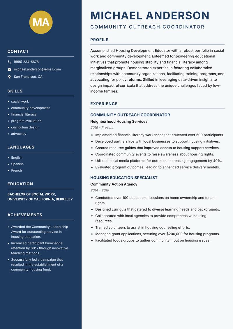 Housing Development Educator resume sample — Community Outreach Coordinator focus
