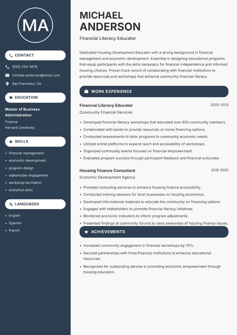 Housing Development Educator resume sample — Financial Literacy Educator focus