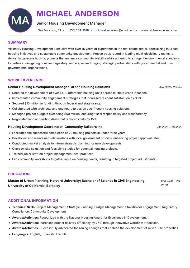 Housing Development Executive resume example