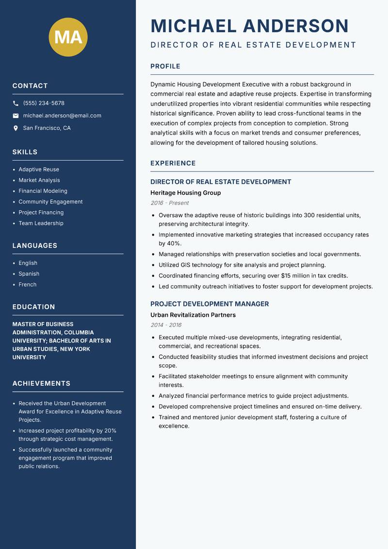 Housing Development Executive resume sample — Director of Real Estate Development focus
