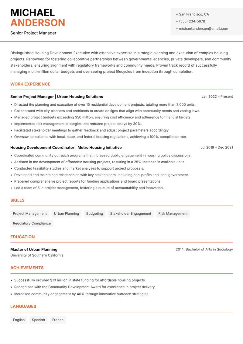 Housing Development Executive resume sample — Senior Project Manager focus
