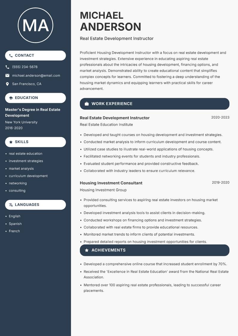 Housing Development Instructor resume sample — Real Estate Development Instructor focus