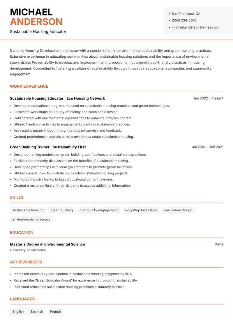 Housing Development Instructor resume sample — Sustainable Housing Educator focus