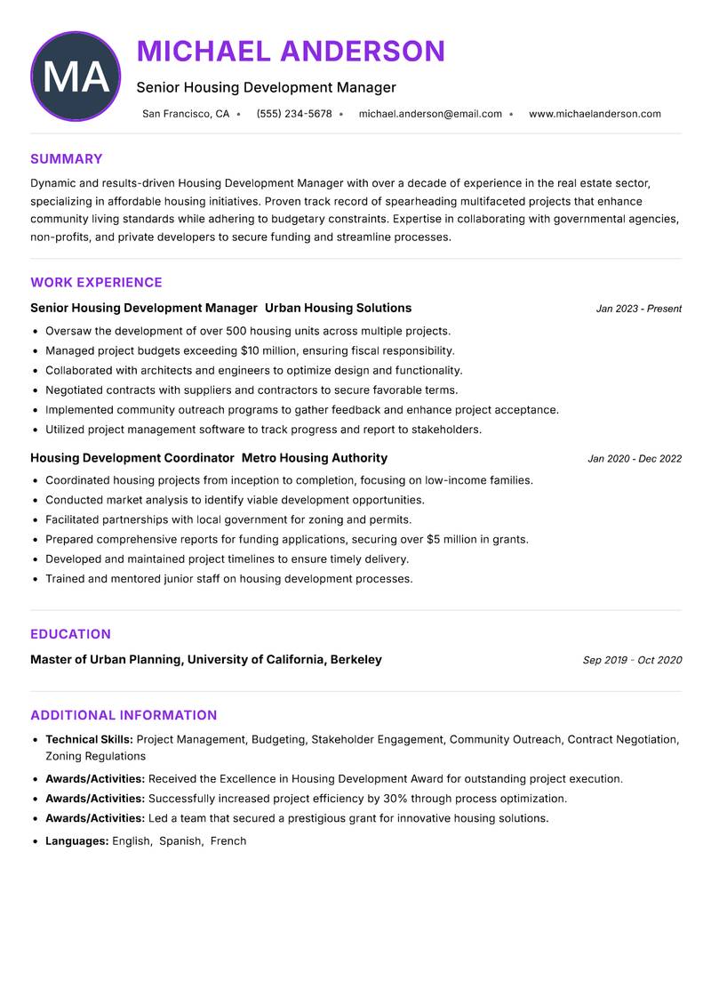 Housing Development Manager resume example