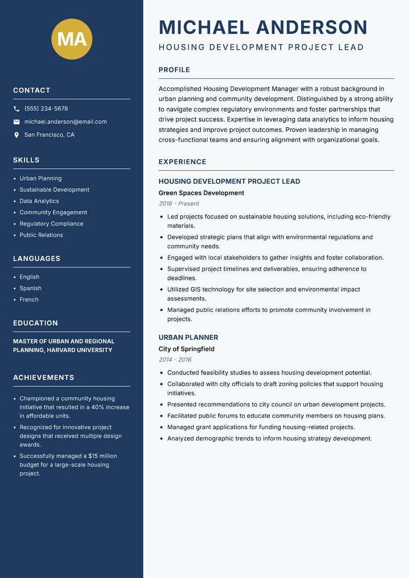 Housing Development Manager resume sample — Housing Development Project Lead focus