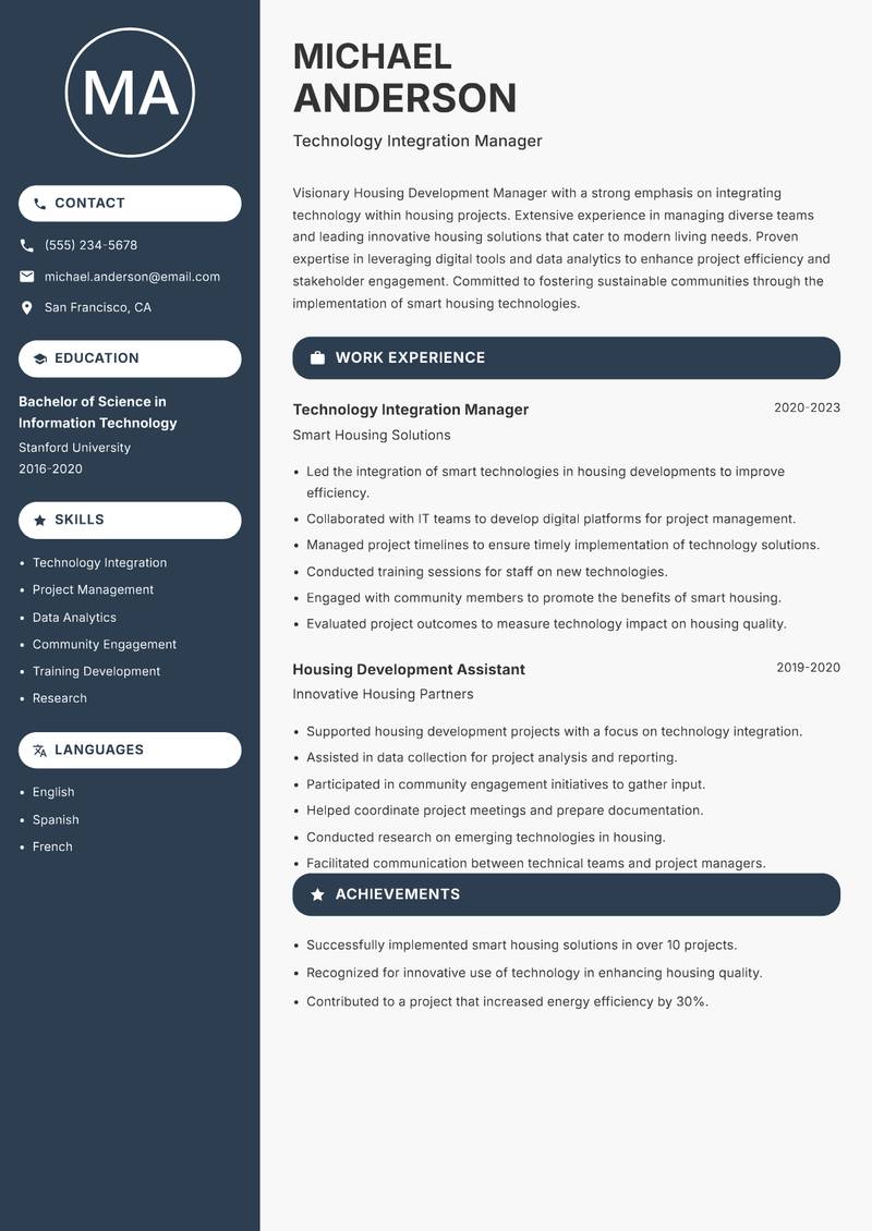 Housing Development Manager resume sample — Technology Integration Manager focus