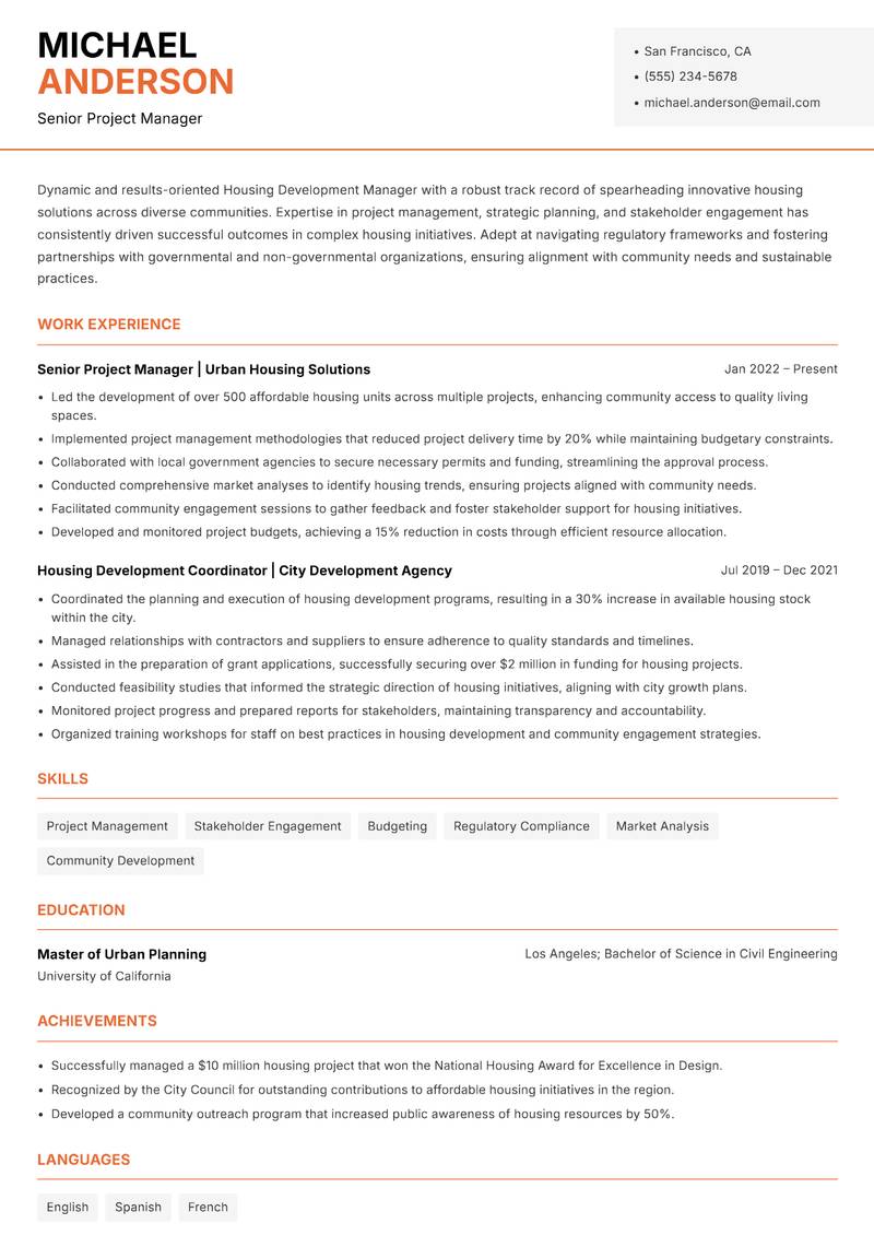 Housing Development Manager resume sample — Senior Project Manager focus