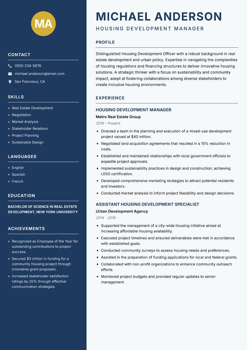 Housing Development Officer resume sample — Housing Development Manager focus