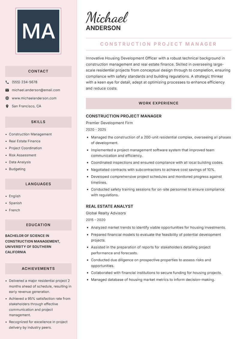 Housing Development Officer resume sample — Construction Project Manager focus