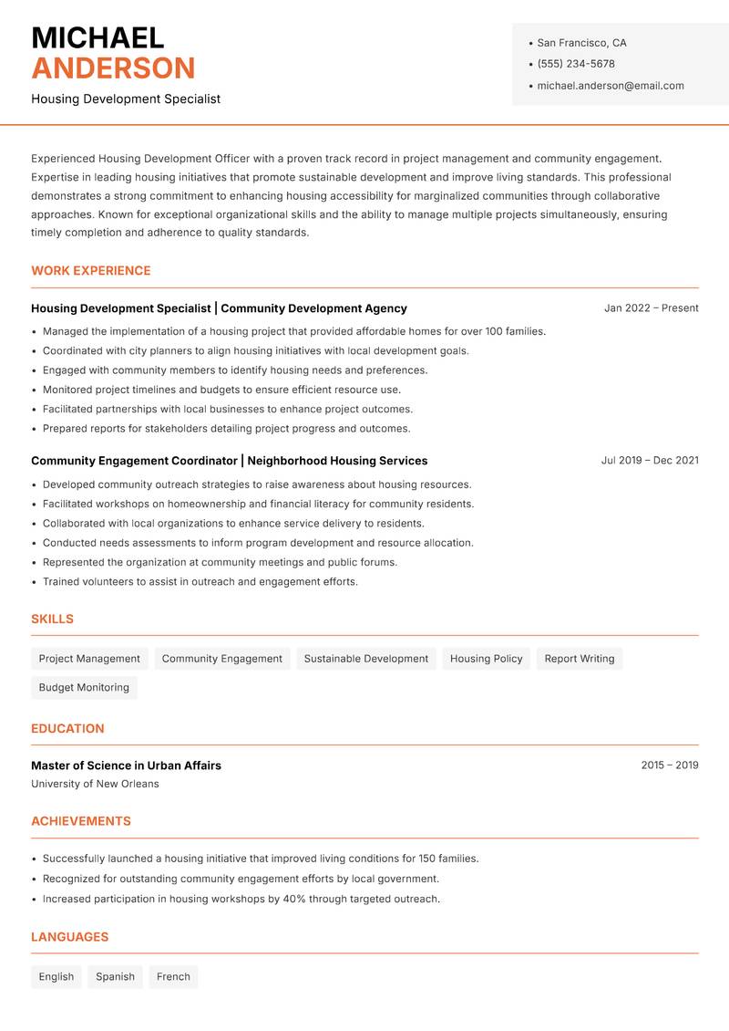 Housing Development Officer resume sample — Housing Development Specialist focus