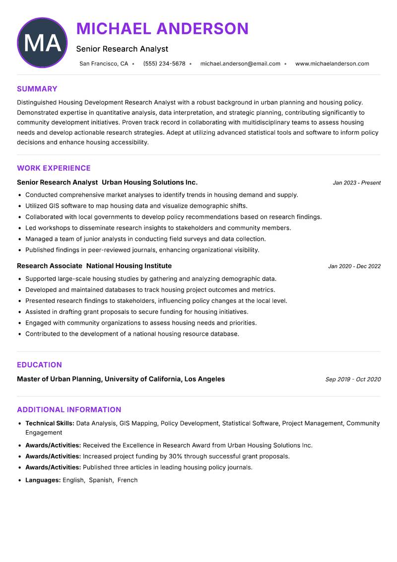 Housing Development Research Analyst resume example