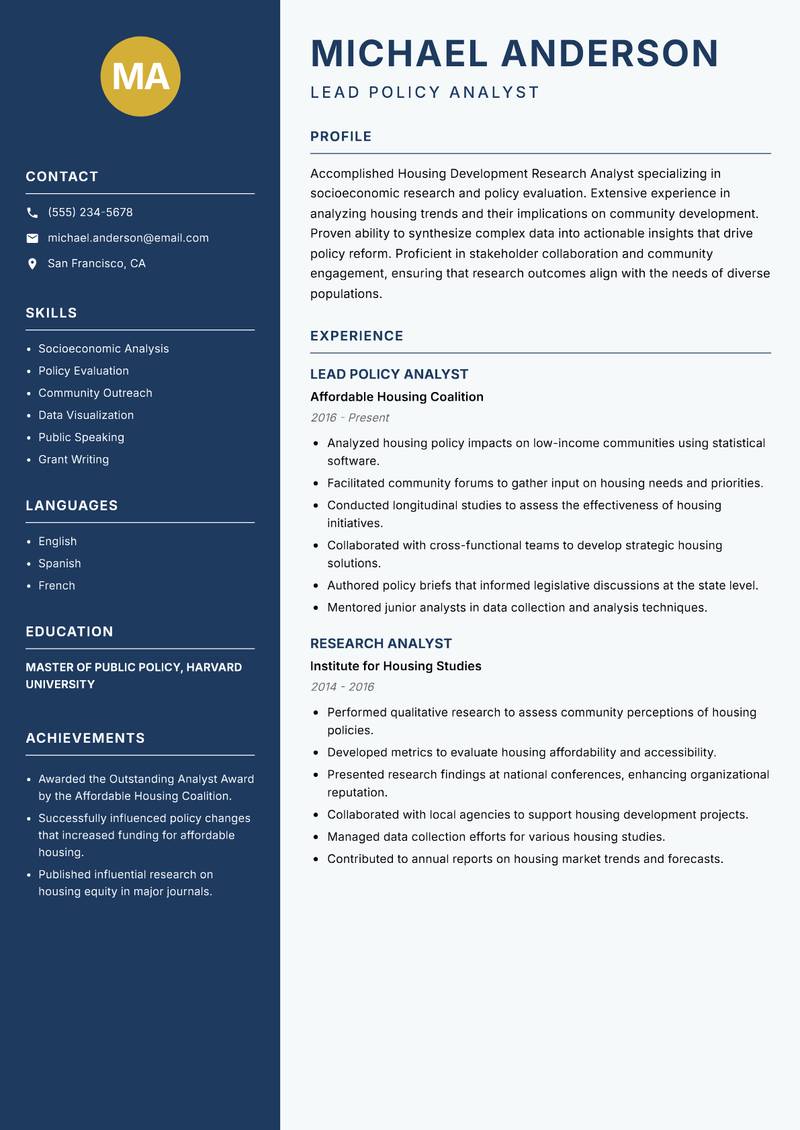Housing Development Research Analyst resume sample — Lead Policy Analyst focus