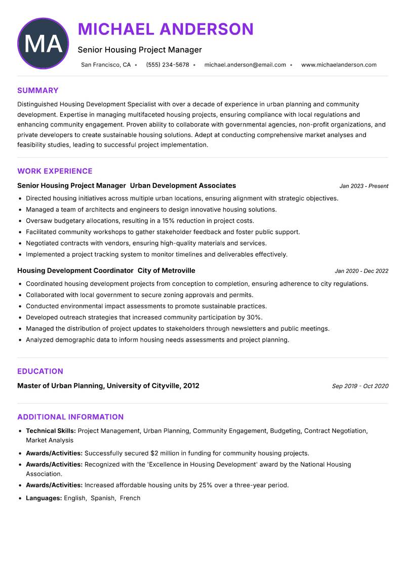 Housing Development Specialist resume example