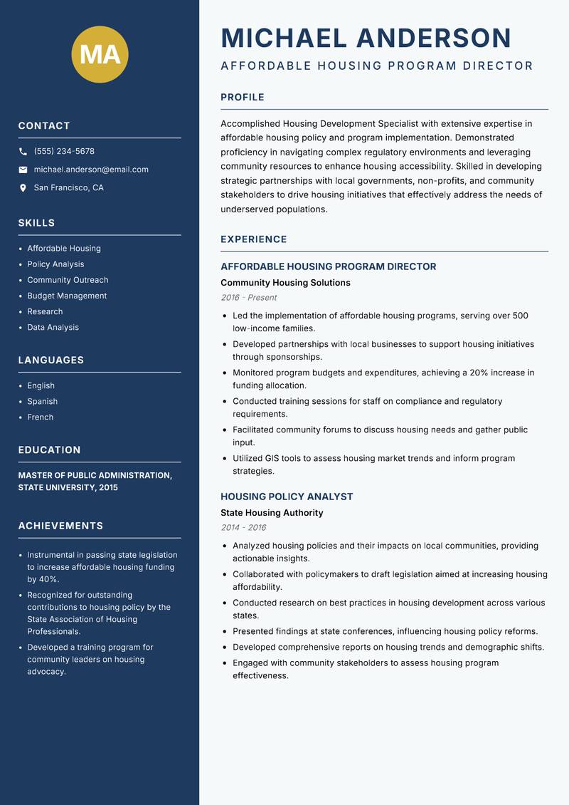 Housing Development Specialist resume sample — Affordable Housing Program Director focus