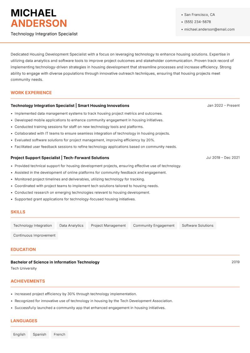 Housing Development Specialist resume sample — Technology Integration Specialist focus