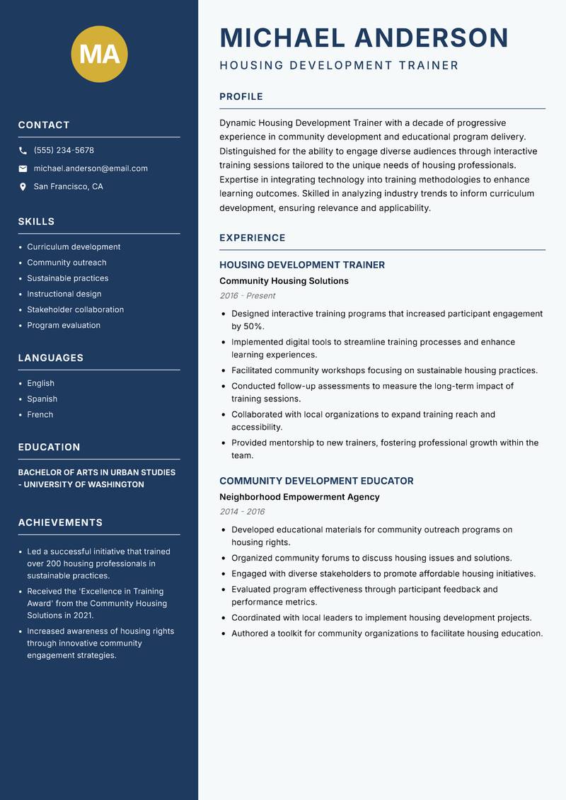 Housing Development Trainer resume sample — Housing Development Trainer focus