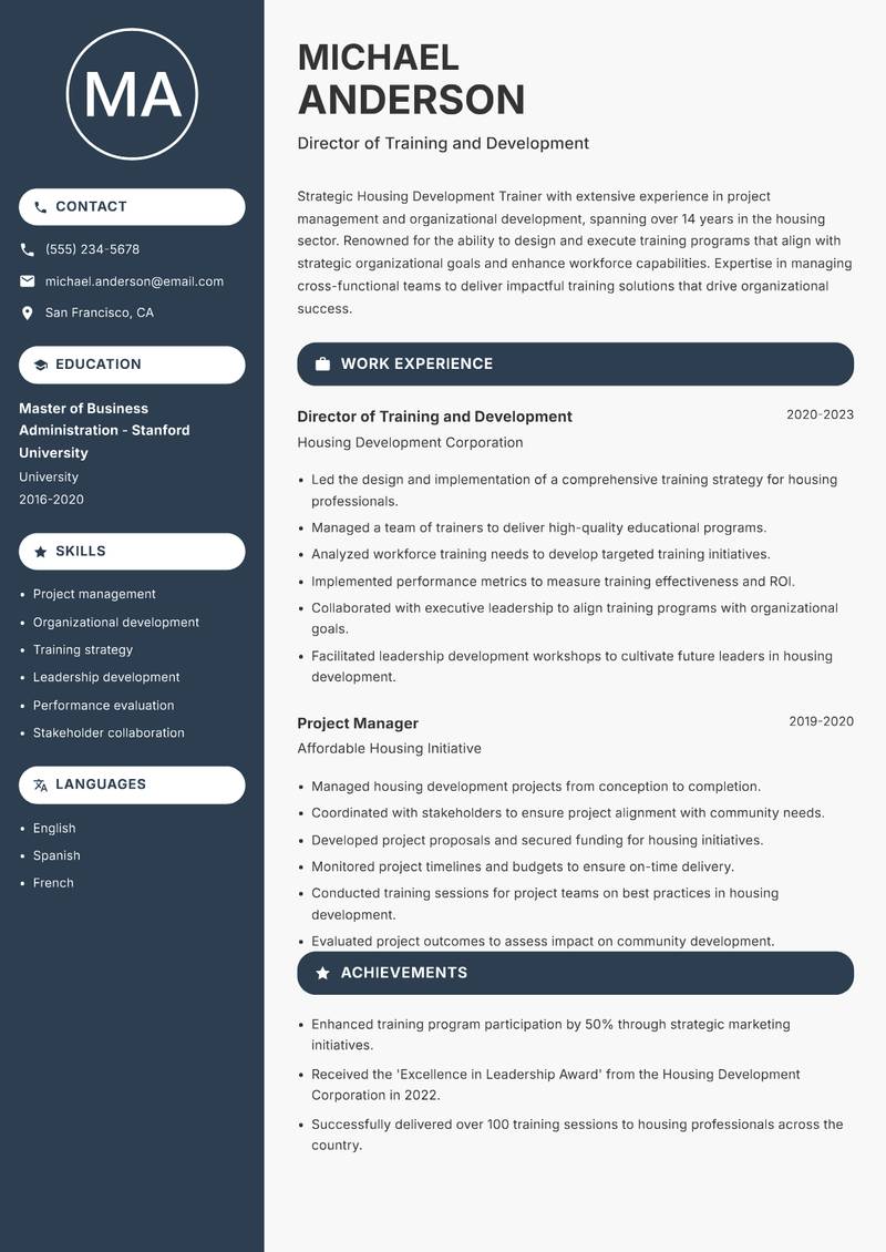 Housing Development Trainer resume sample — Director of Training and Development focus