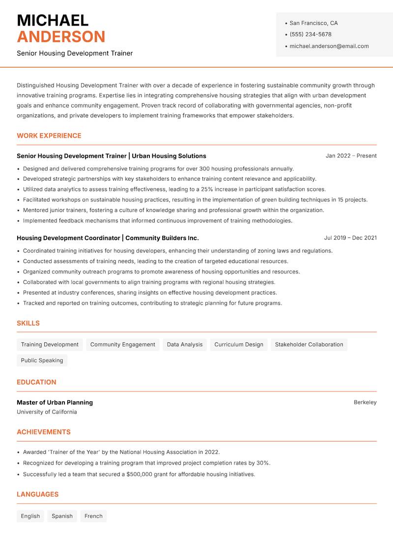 Housing Development Trainer resume sample — Senior Housing Development Trainer focus
