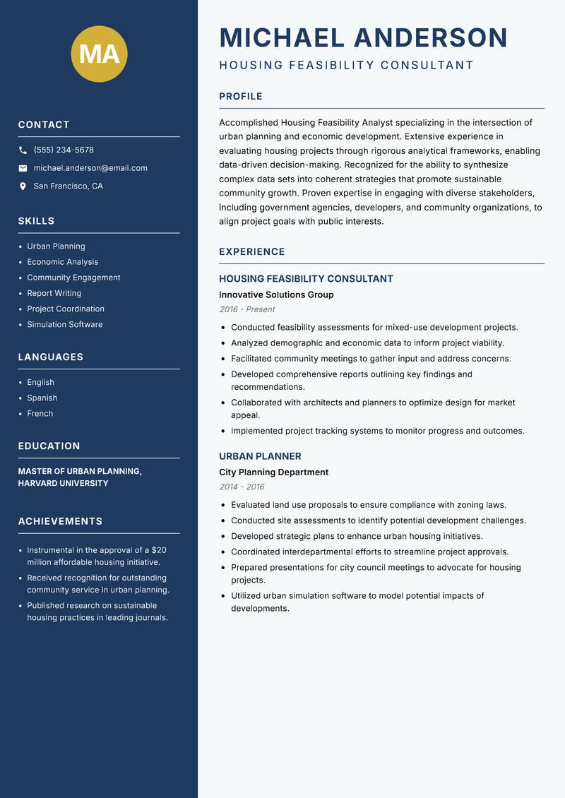 Housing Feasibility Analyst resume sample — Housing Feasibility Consultant focus