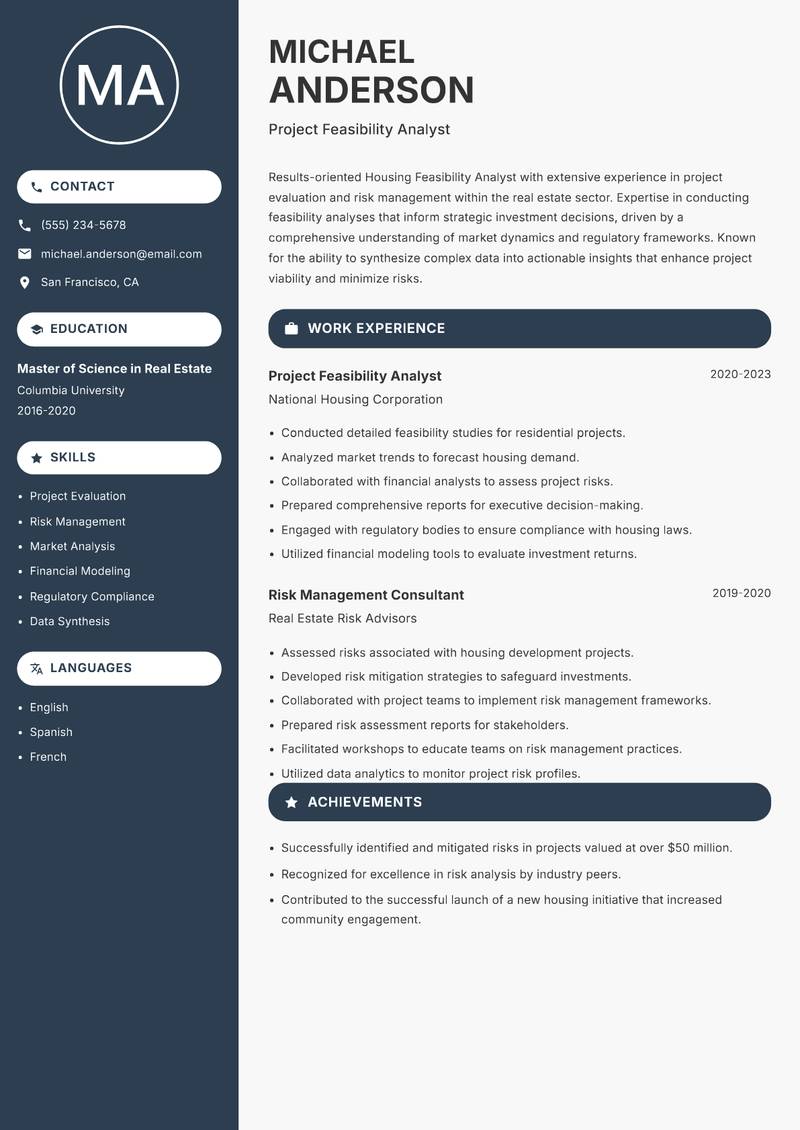 Housing Feasibility Analyst resume sample — Project Feasibility Analyst focus