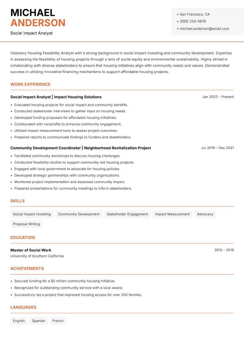 Housing Feasibility Analyst resume sample — Social Impact Analyst focus