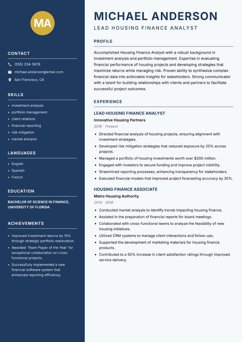 Housing Finance Analyst resume sample — Lead Housing Finance Analyst focus