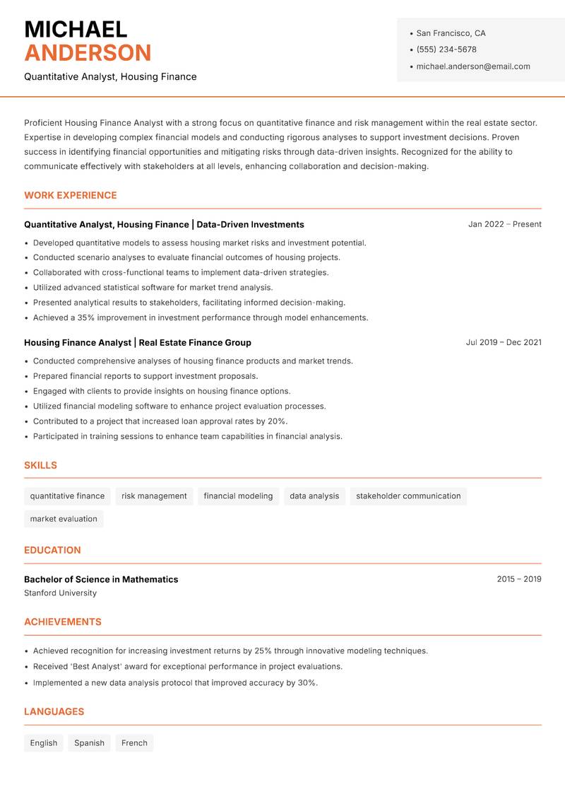 Housing Finance Analyst resume sample — Quantitative Analyst, Housing Finance focus