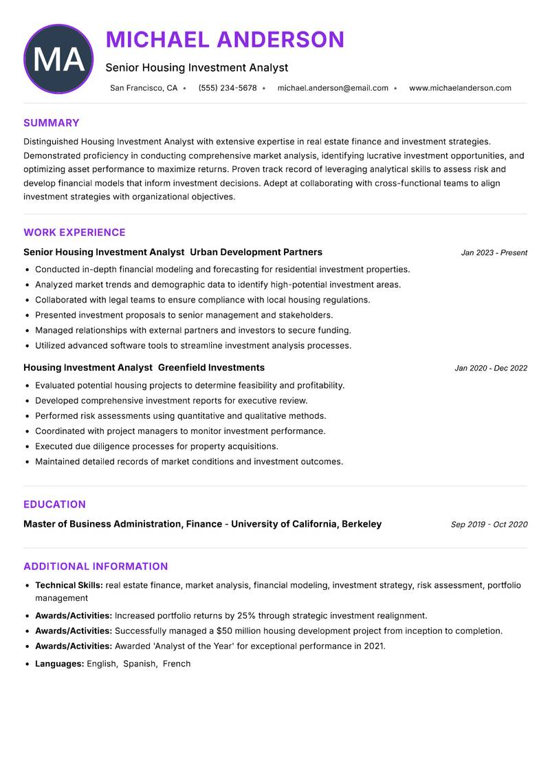 Housing Investment Analyst resume example