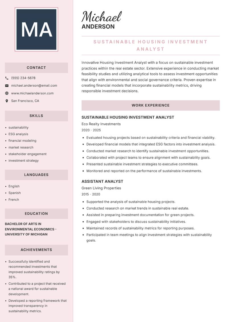 Housing Investment Analyst resume sample — Sustainable Housing Investment Analyst focus