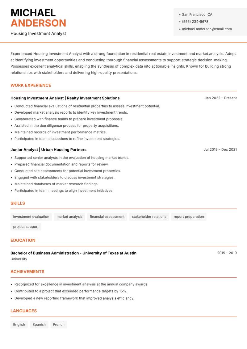 Housing Investment Analyst resume sample — Housing Investment Analyst focus