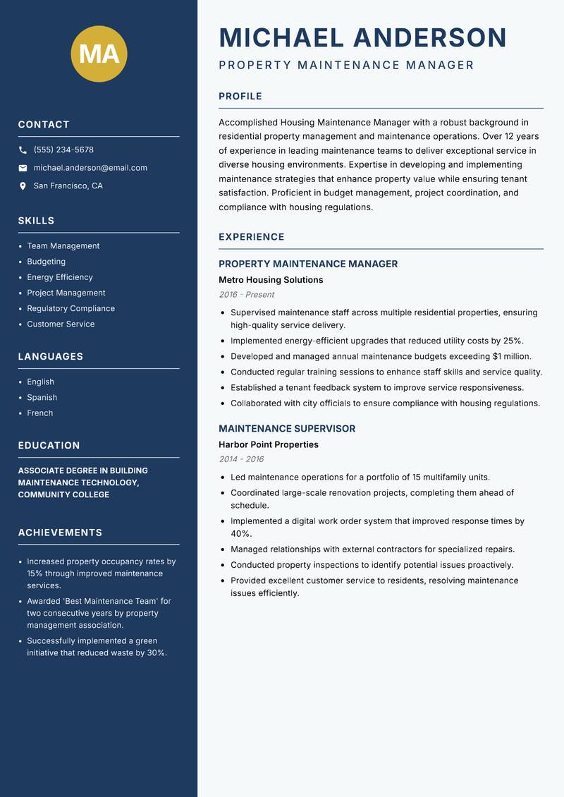 Housing Maintenance Manager resume sample — Property Maintenance Manager focus