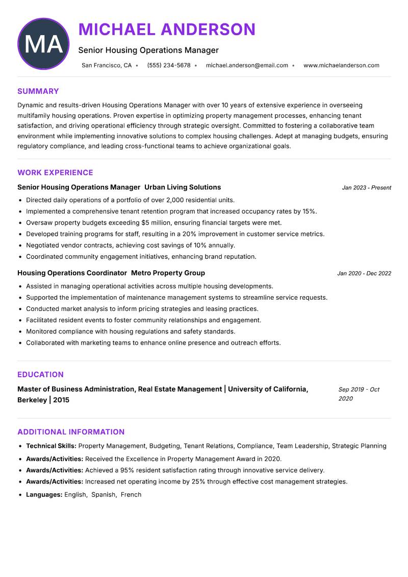 Housing Operations Manager resume example