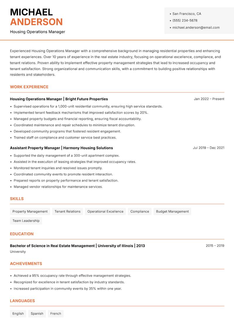 Housing Operations Manager resume sample — Housing Operations Manager focus