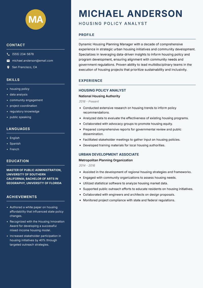 Housing Planning Manager resume sample — Housing Policy Analyst focus