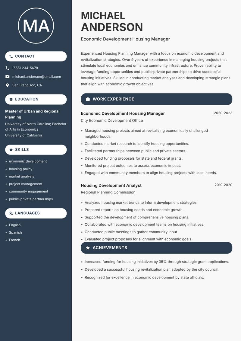 Housing Planning Manager resume sample — Economic Development Housing Manager focus