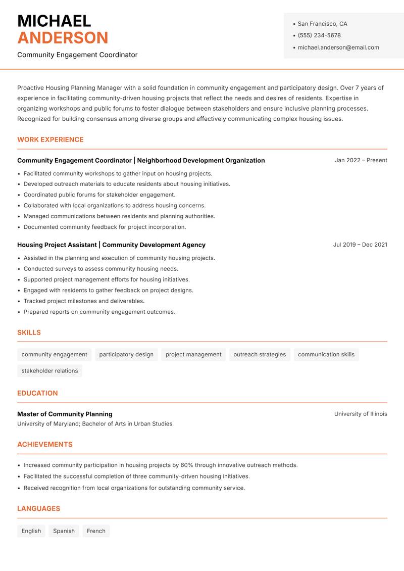 Housing Planning Manager resume sample — Community Engagement Coordinator focus