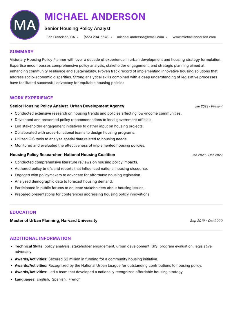 Housing Policy Planner resume example