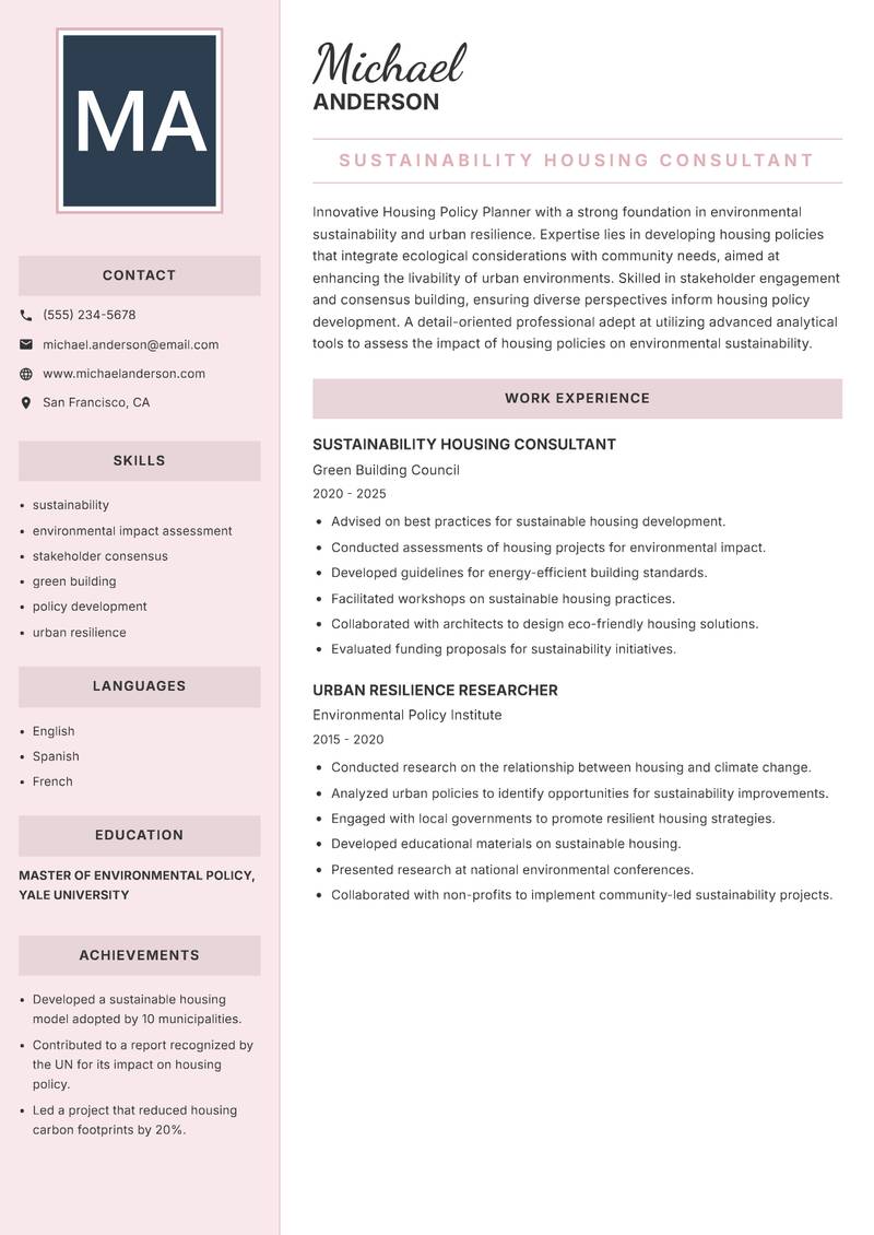 Housing Policy Planner resume sample — Sustainability Housing Consultant focus