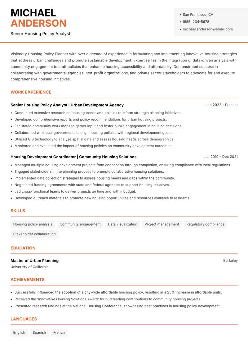 Housing Policy Planner resume sample — Senior Housing Policy Analyst focus