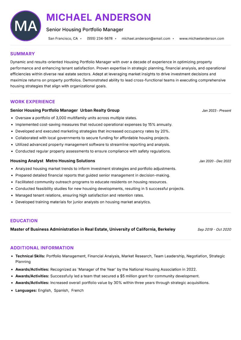 Housing Portfolio Manager resume example