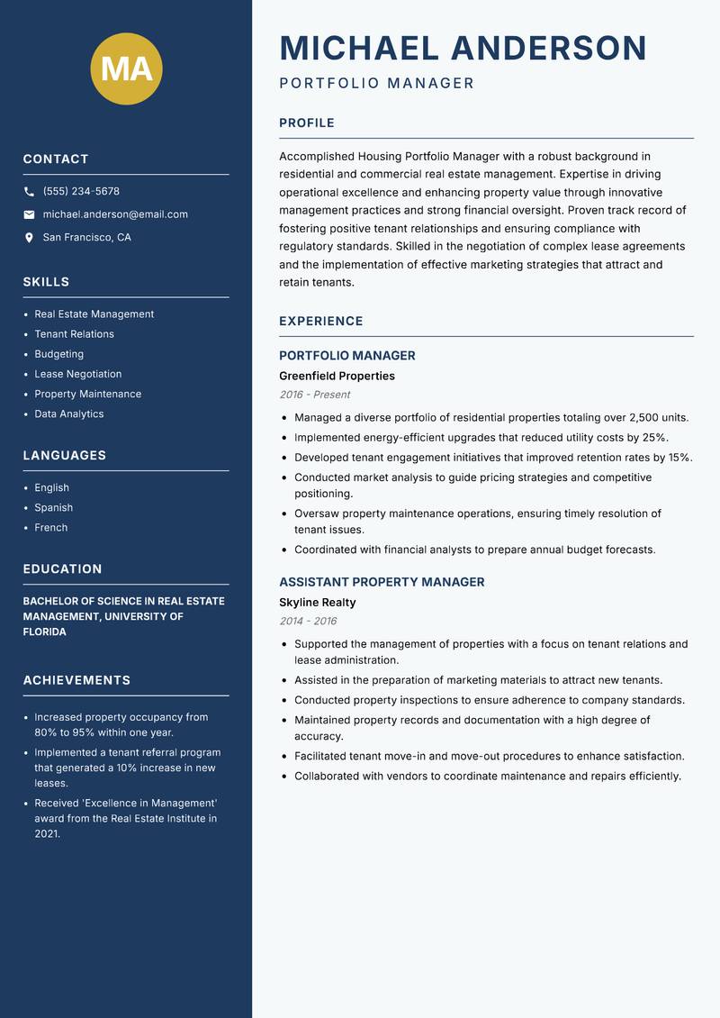 Housing Portfolio Manager resume sample — Portfolio Manager focus