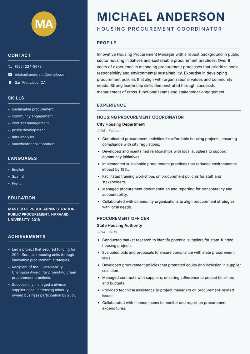 Housing Procurement Manager resume sample — Housing Procurement Coordinator focus