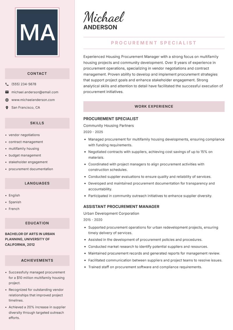 Housing Procurement Manager resume sample — Procurement Specialist focus