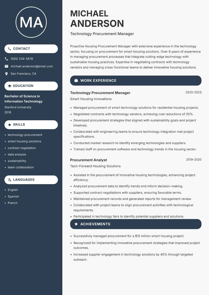 Housing Procurement Manager resume sample — Technology Procurement Manager focus