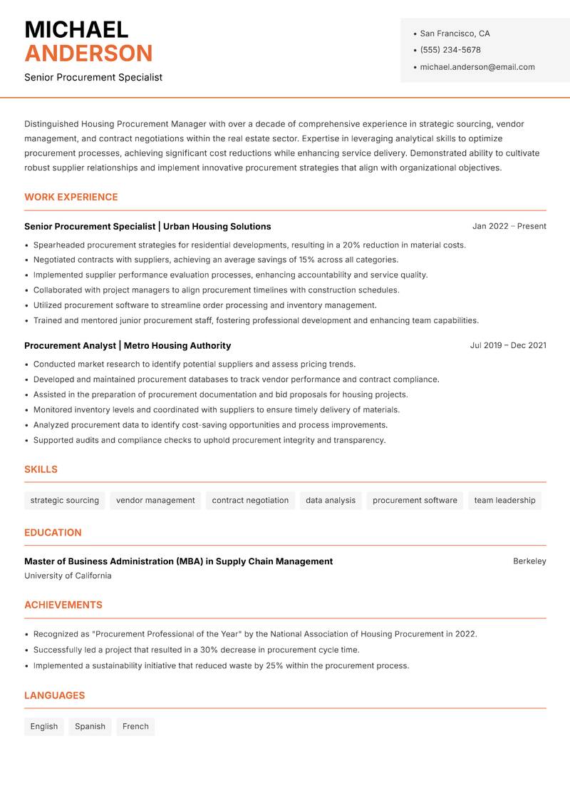 Housing Procurement Manager resume sample — Senior Procurement Specialist focus