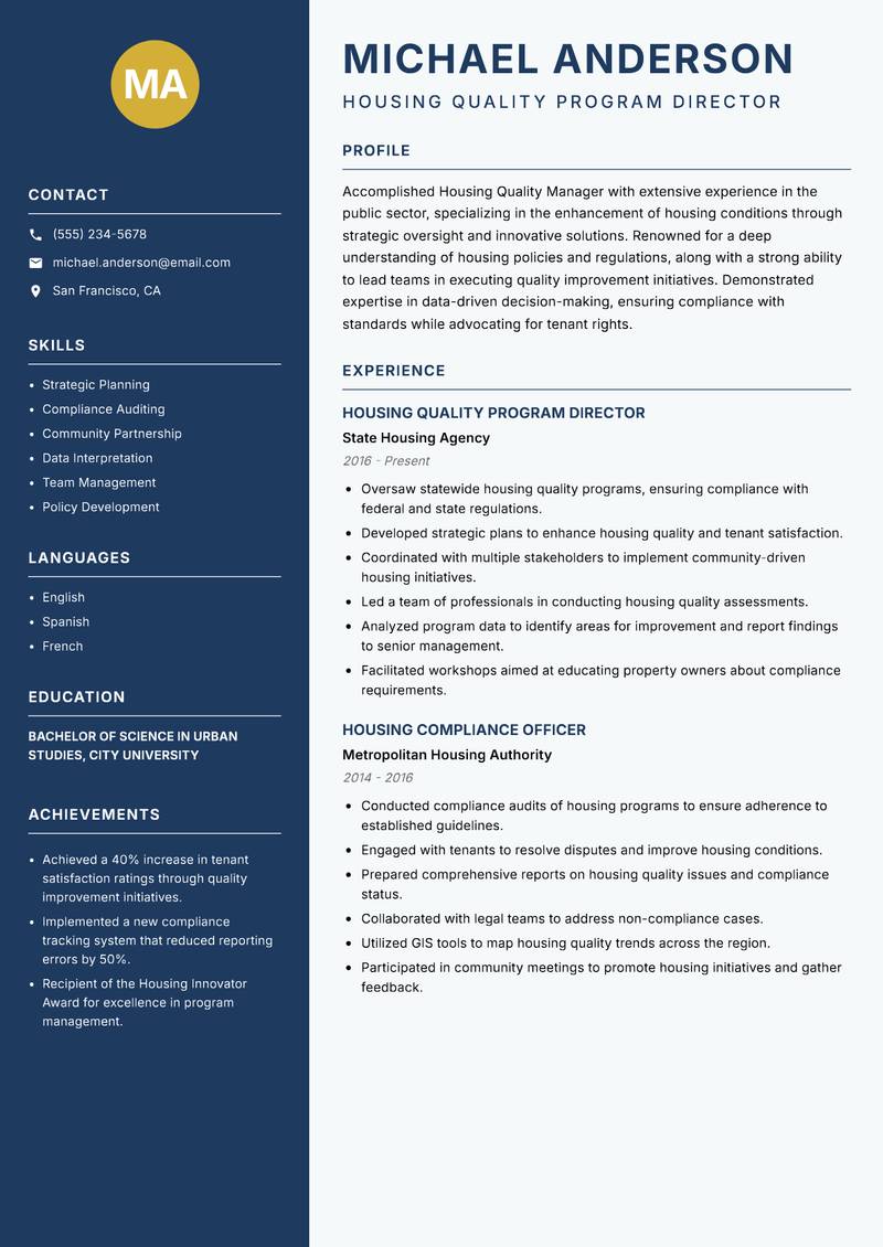 Housing Quality Manager resume sample — Housing Quality Program Director focus