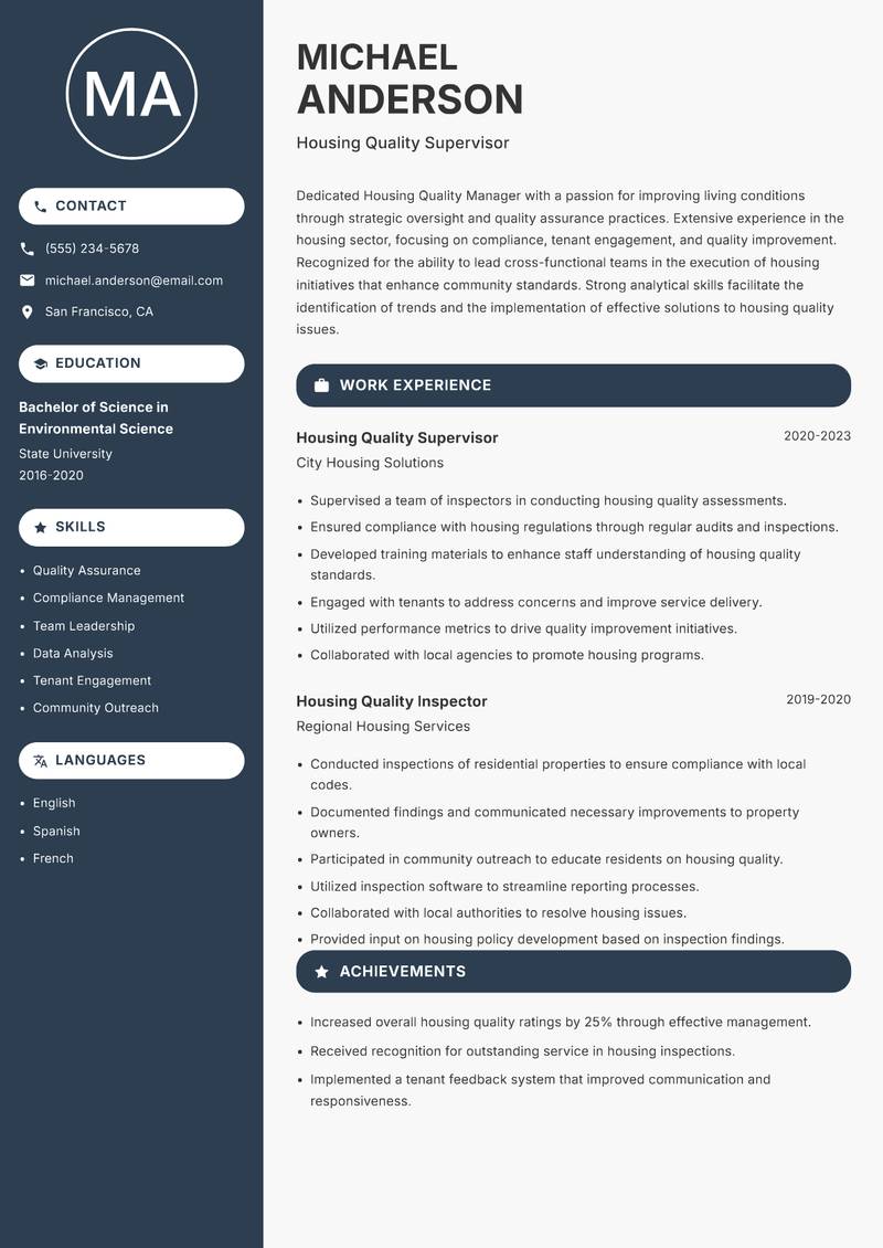 Housing Quality Manager resume sample — Housing Quality Supervisor focus