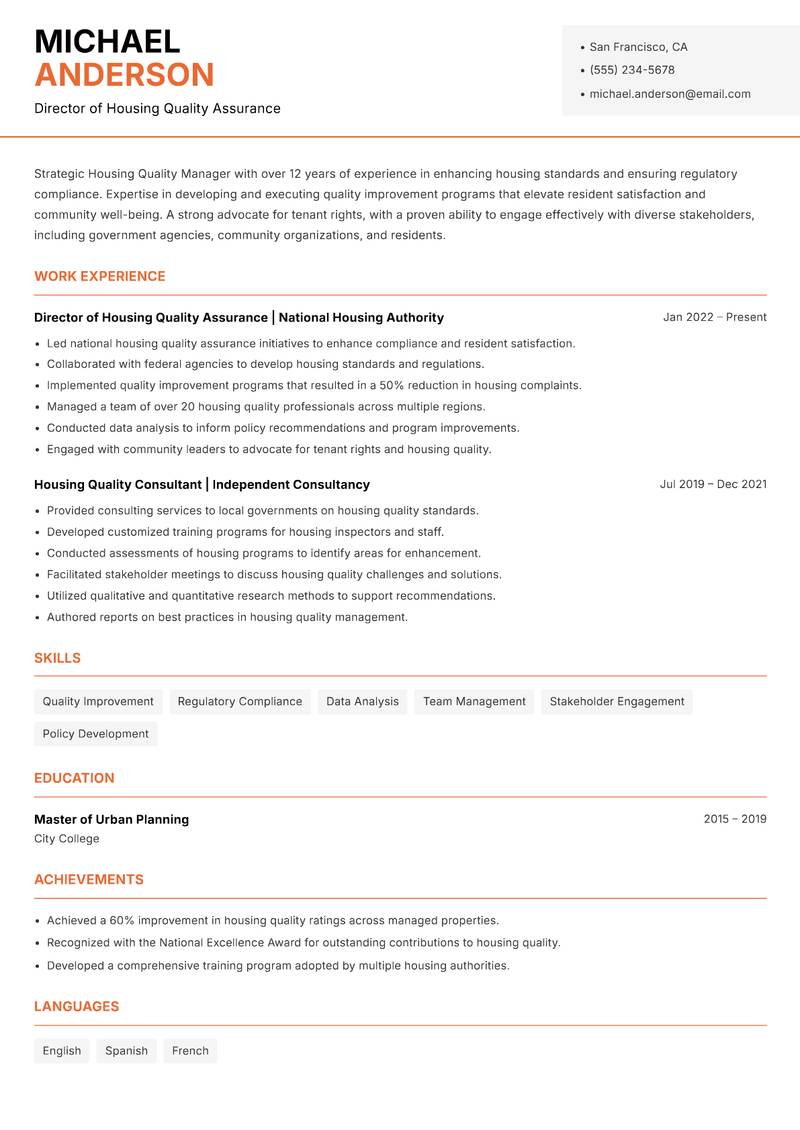 Housing Quality Manager resume sample — Director of Housing Quality Assurance focus
