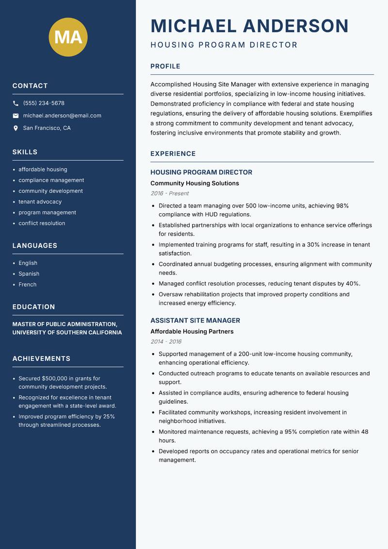 Housing Site Manager resume sample — Housing Program Director focus
