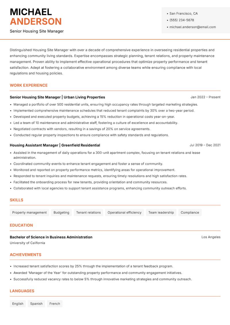 Housing Site Manager resume sample — Senior Housing Site Manager focus